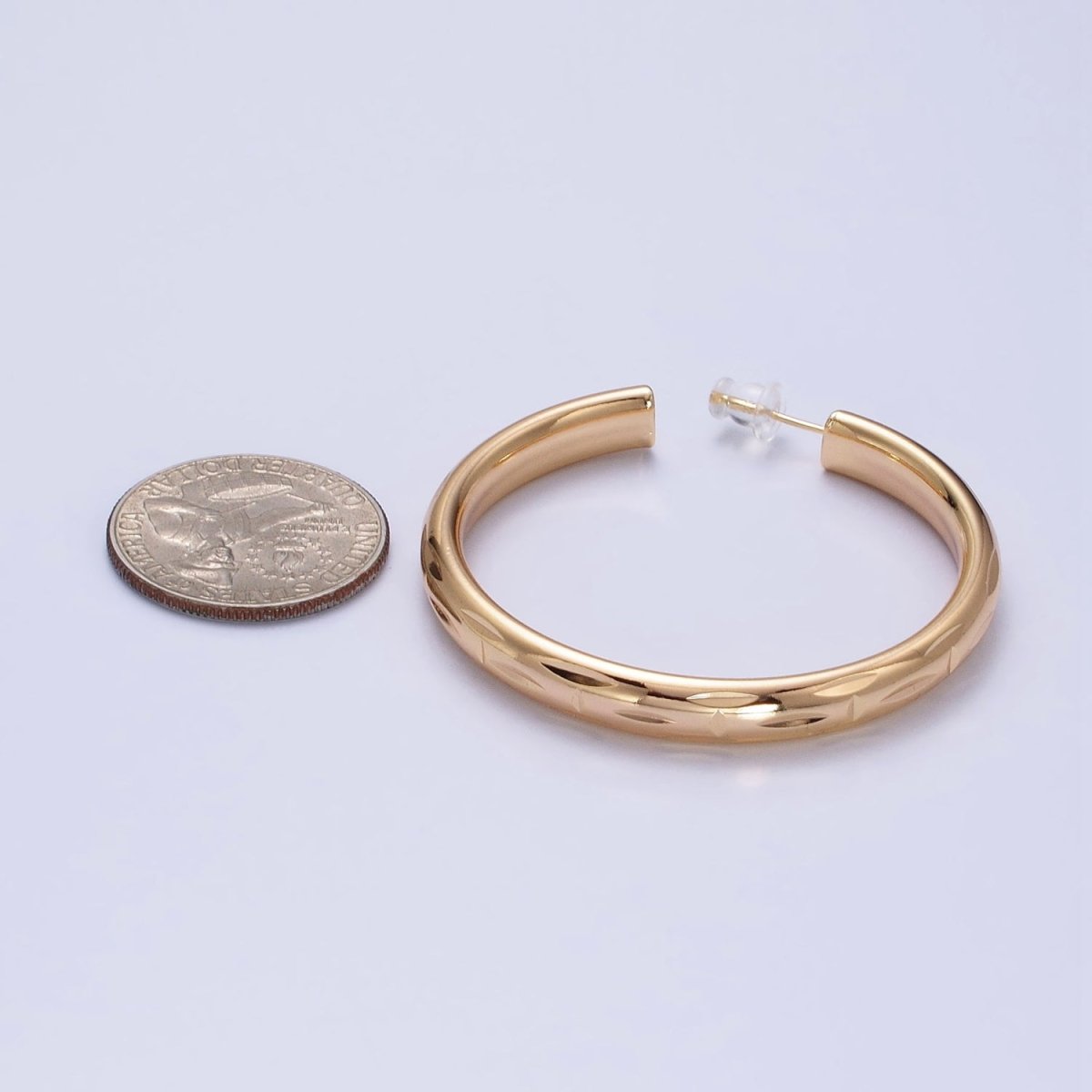 16K Gold Filled 50mm Dented Edge Line Rounded Hoop Earrings in Gold & Silver | AE545 AE546 - DLUXCA