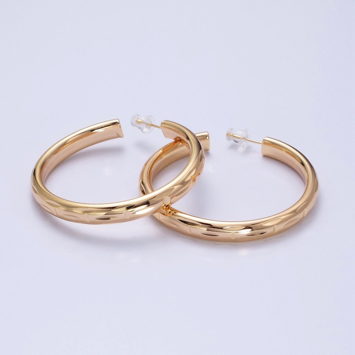 16K Gold Filled 50mm Dented Edge Line Rounded Hoop Earrings in Gold & Silver | AE545 AE546 - DLUXCA