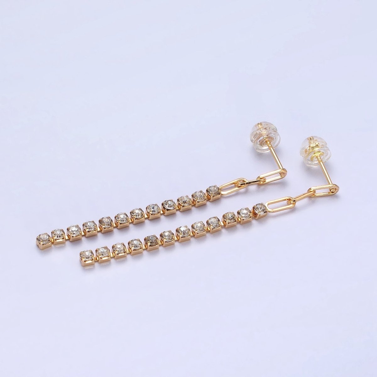 16K Gold Filled 52.5mm Triple Paperclip Link Clear Tennis CZ Chain Linear Drop Stud Earrings | AB386 - DLUXCA
