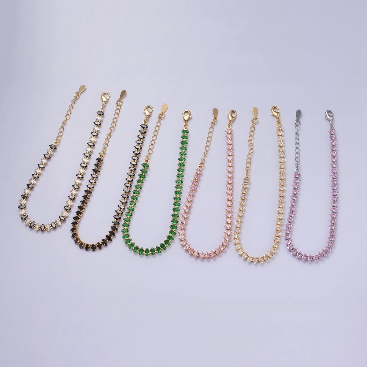 16K Gold Filled 5mm Clear, Green, Black & White, Black, Pink CZ Marquise Tennis 6.5 Inches with Extender | WA-1834 - WA-1839 Clearance Pricing - DLUXCA