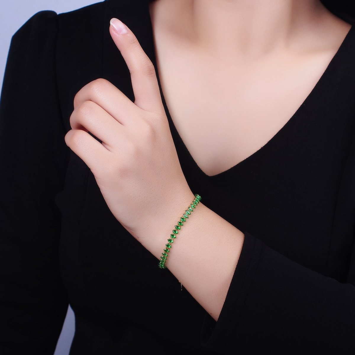 16K Gold Filled 5mm Clear, Green, Black & White, Black, Pink CZ Marquise Tennis 6.5 Inches with Extender | WA-1834 - WA-1839 Clearance Pricing - DLUXCA