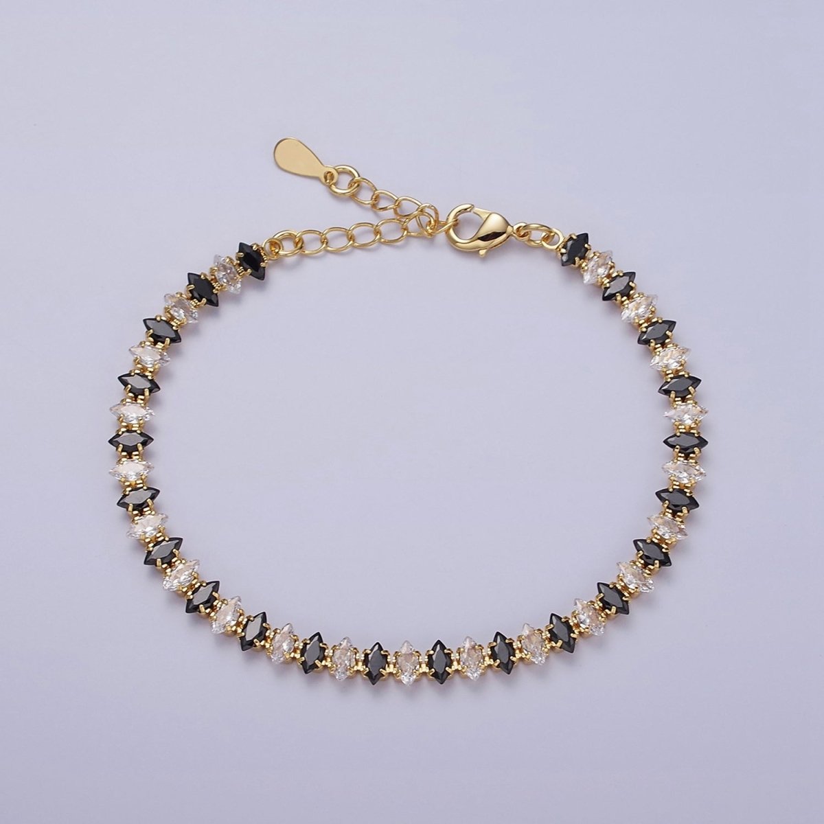 16K Gold Filled 5mm Clear, Green, Black & White, Black, Pink CZ Marquise Tennis 6.5 Inches with Extender | WA-1834 - WA-1839 Clearance Pricing - DLUXCA