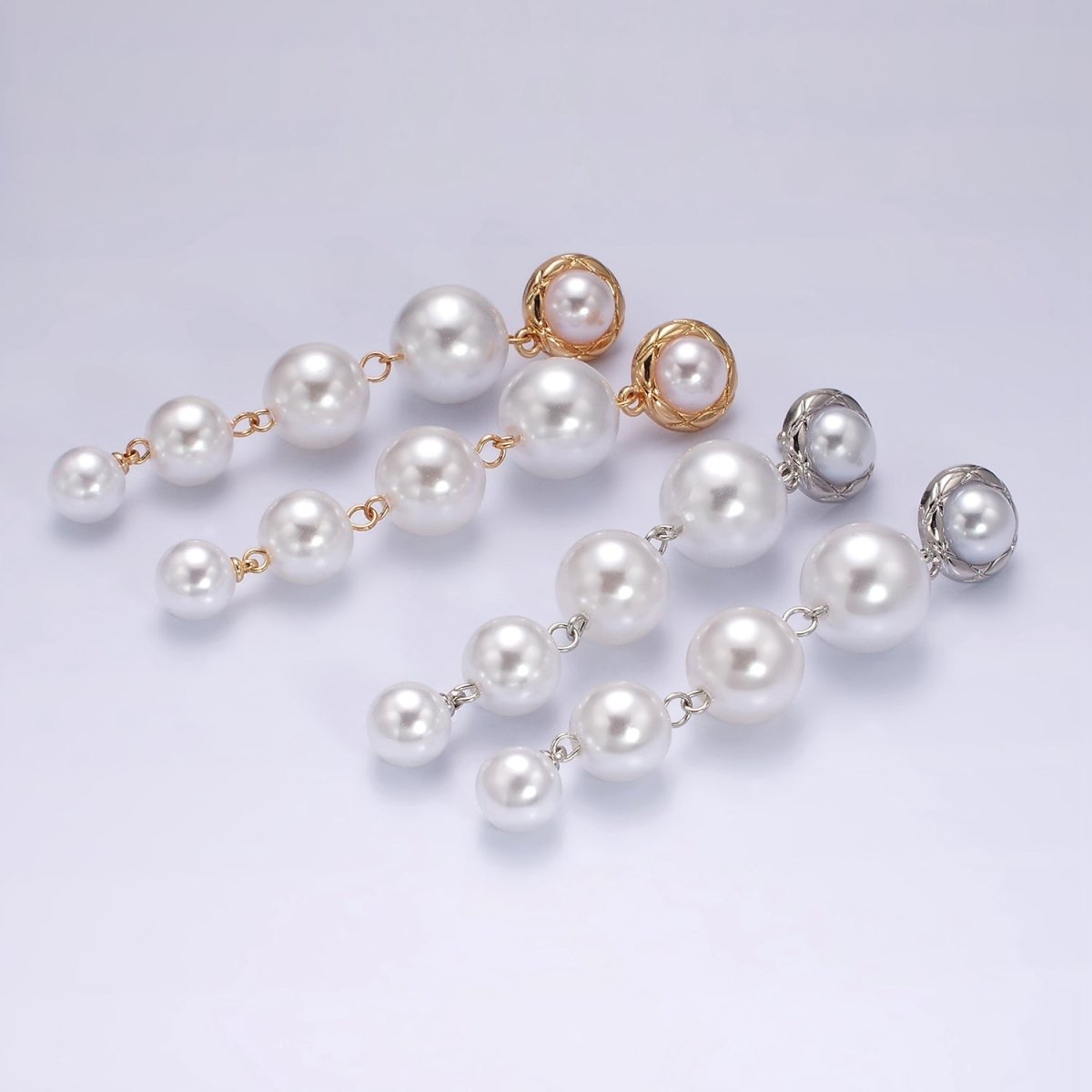 16K Gold Filled 85mm Multiple Shell Pearl Quilted Bezel Drop Stud Earrings in Gold & Silver | AE347 AE348 - DLUXCA