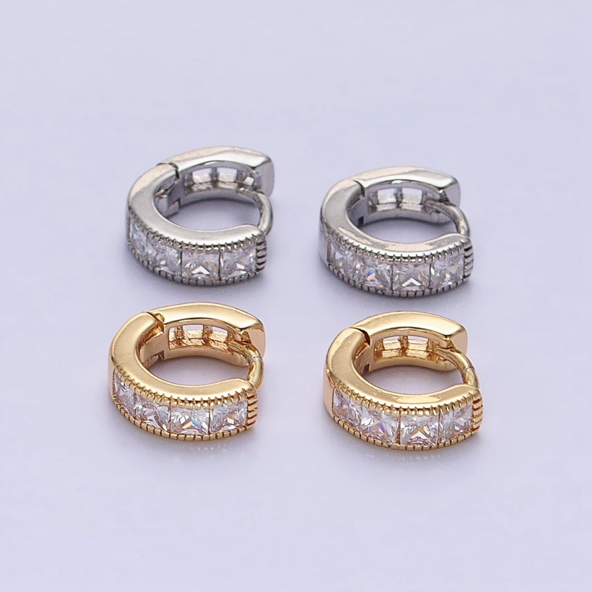 16K Gold Filled 9mm Clear Square CZ Cartilage Huggie Earrings in Gold & Silver | AB1449 AB1450 - DLUXCA