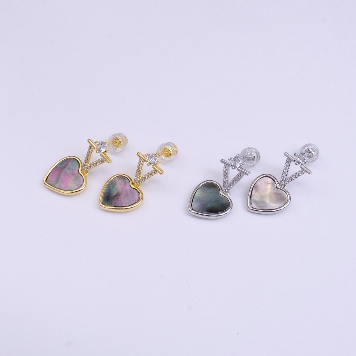 16K Gold Filled Abalone Heart Micro Paved CZ Drop Stud Earrings in Gold & Silver | Y-845 Y-846 - DLUXCA