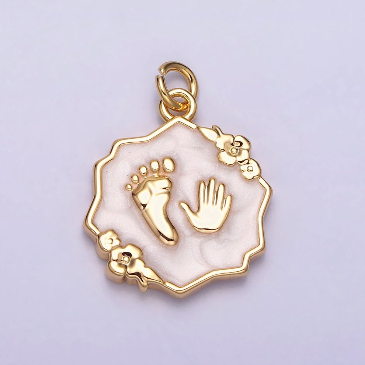 16K Gold Filled Baby Shower Hand & Feet White, Pink, Blue Sparkly Enamel Flower Charm | AC1111 - AC1116 - DLUXCA