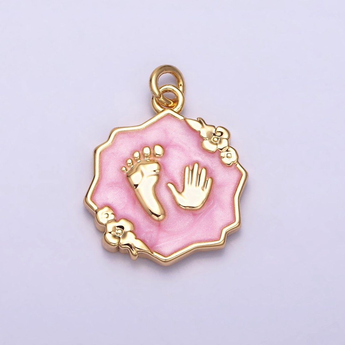 16K Gold Filled Baby Shower Hand & Feet White, Pink, Blue Sparkly Enamel Flower Charm | AC1111 - AC1116 - DLUXCA