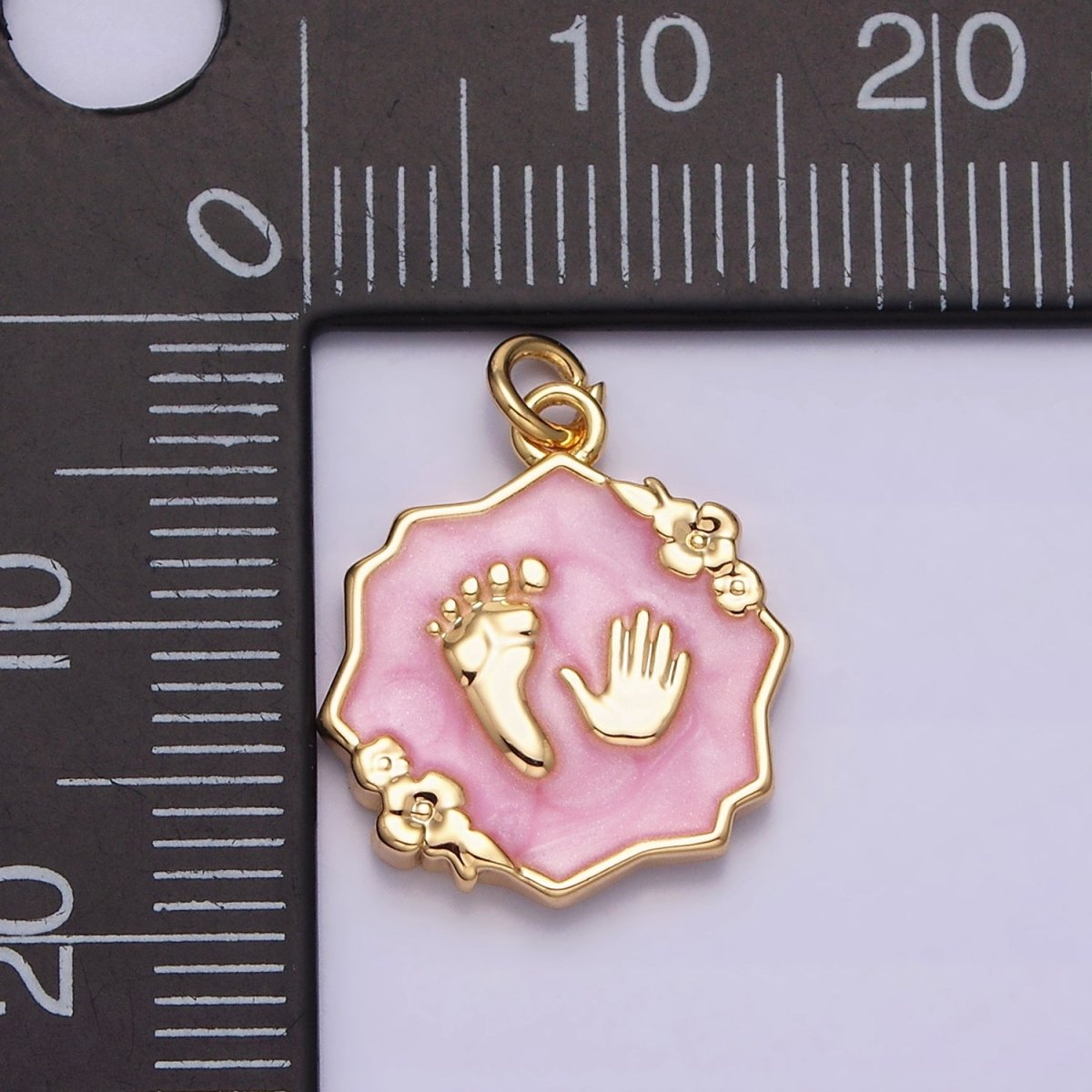 16K Gold Filled Baby Shower Hand & Feet White, Pink, Blue Sparkly Enamel Flower Charm | AC1111 - AC1116 - DLUXCA