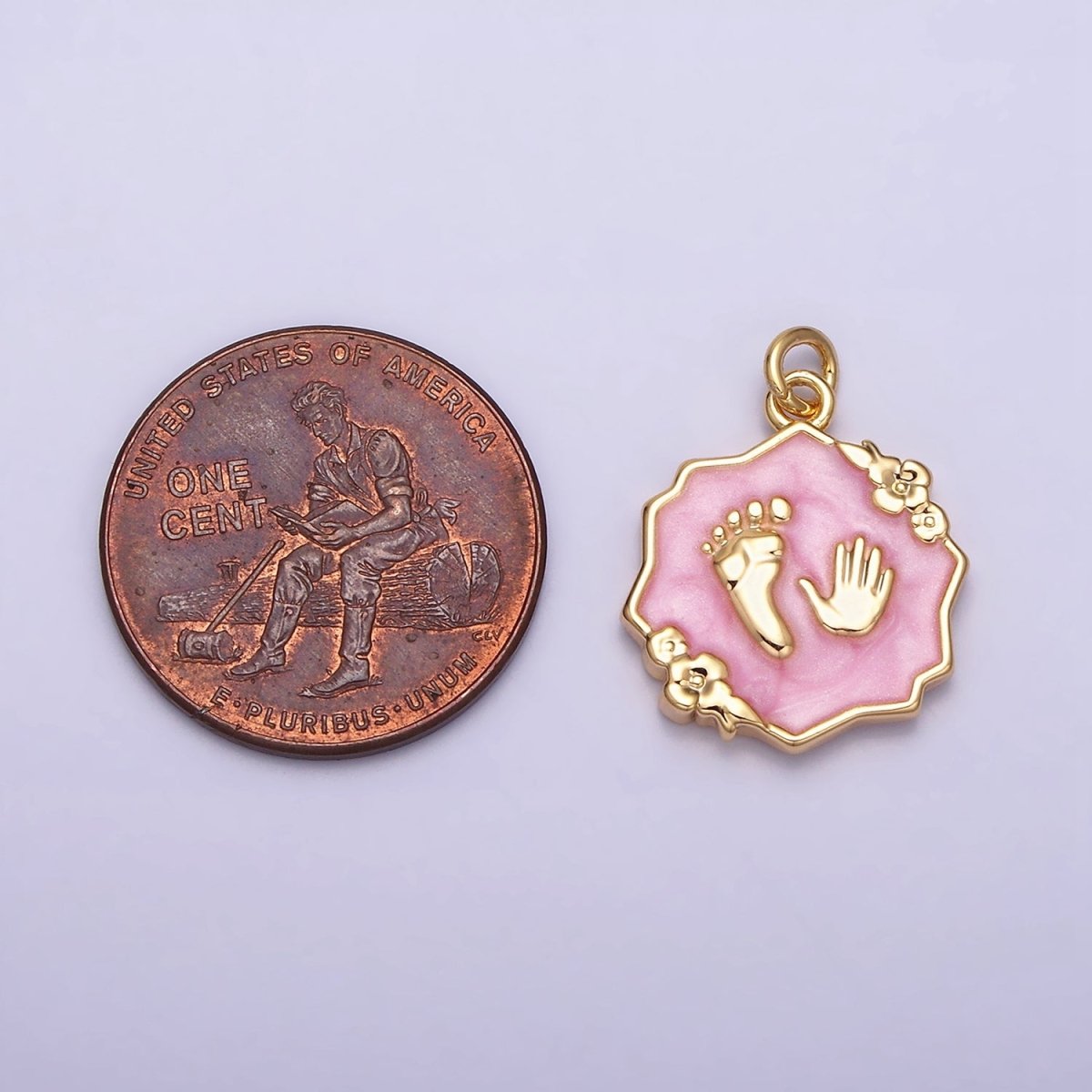 16K Gold Filled Baby Shower Hand & Feet White, Pink, Blue Sparkly Enamel Flower Charm | AC1111 - AC1116 - DLUXCA
