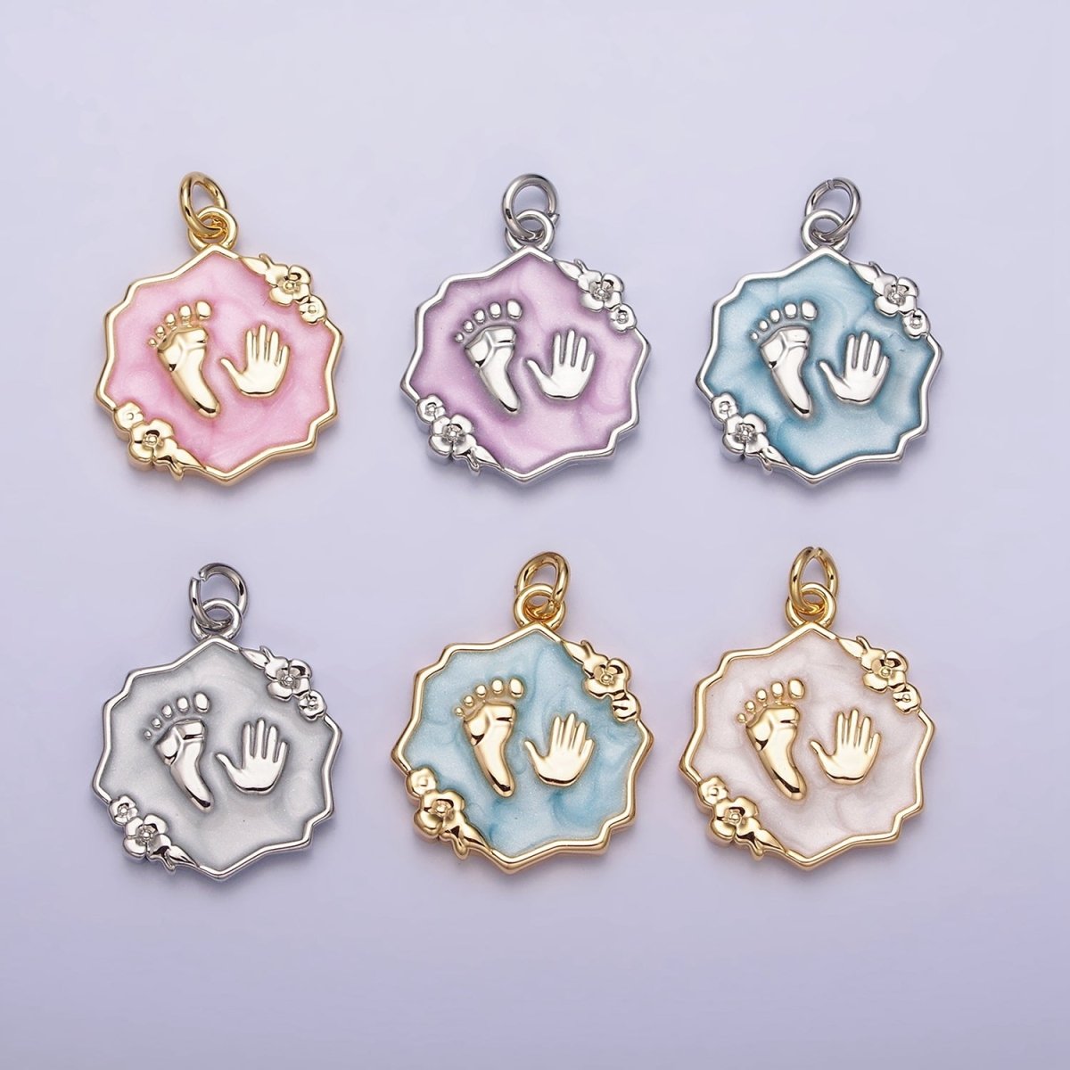 16K Gold Filled Baby Shower Hand & Feet White, Pink, Blue Sparkly Enamel Flower Charm | AC1111 - AC1116 - DLUXCA