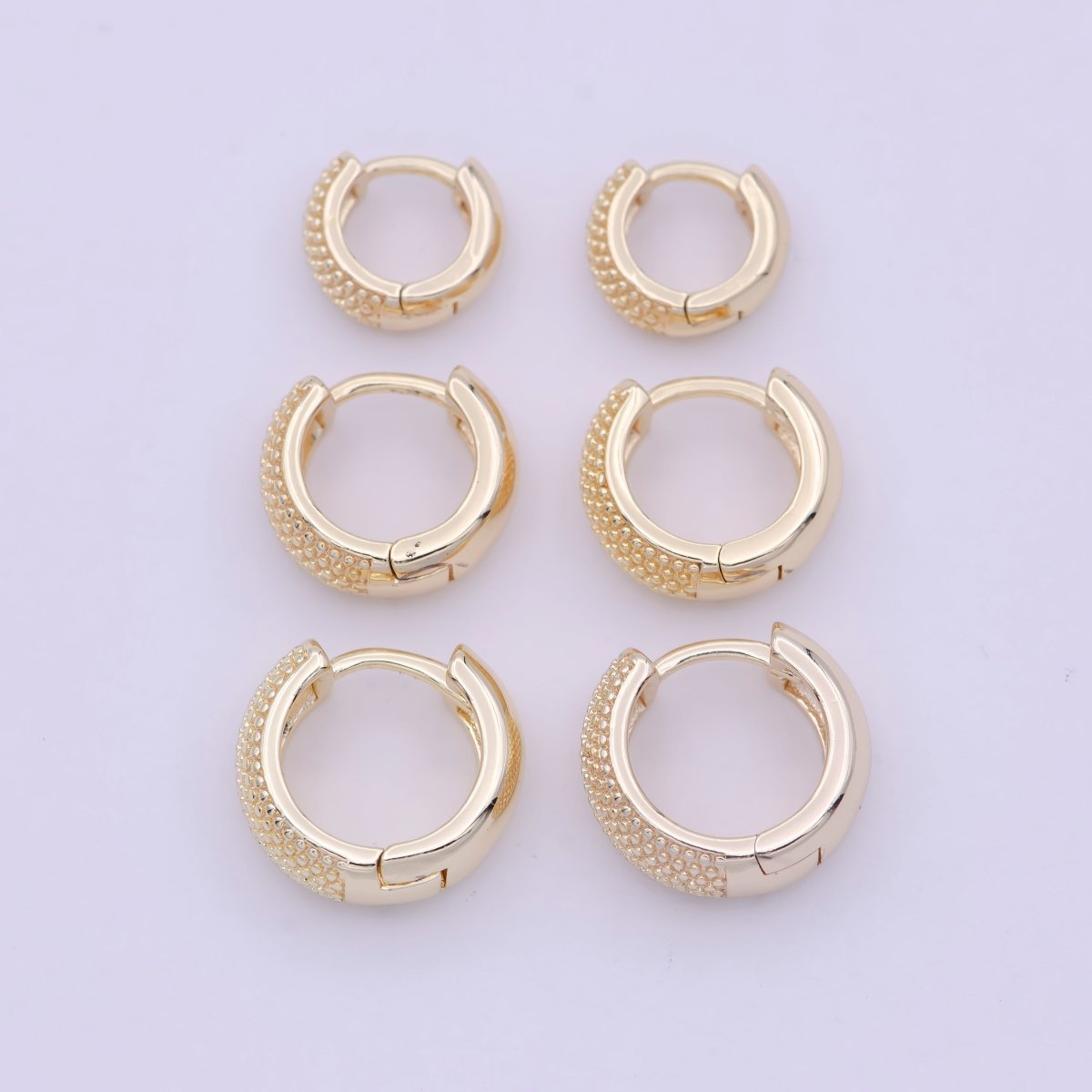 16K Gold Filled Bead Textured 10mm, 13mm, 14mm Hoop Huggie Earring T-265 ~ T-267 - DLUXCA