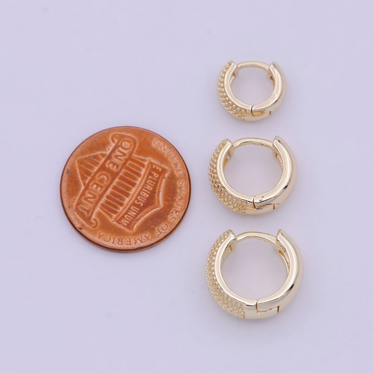 16K Gold Filled Bead Textured 10mm, 13mm, 14mm Hoop Huggie Earring T-265 ~ T-267 - DLUXCA