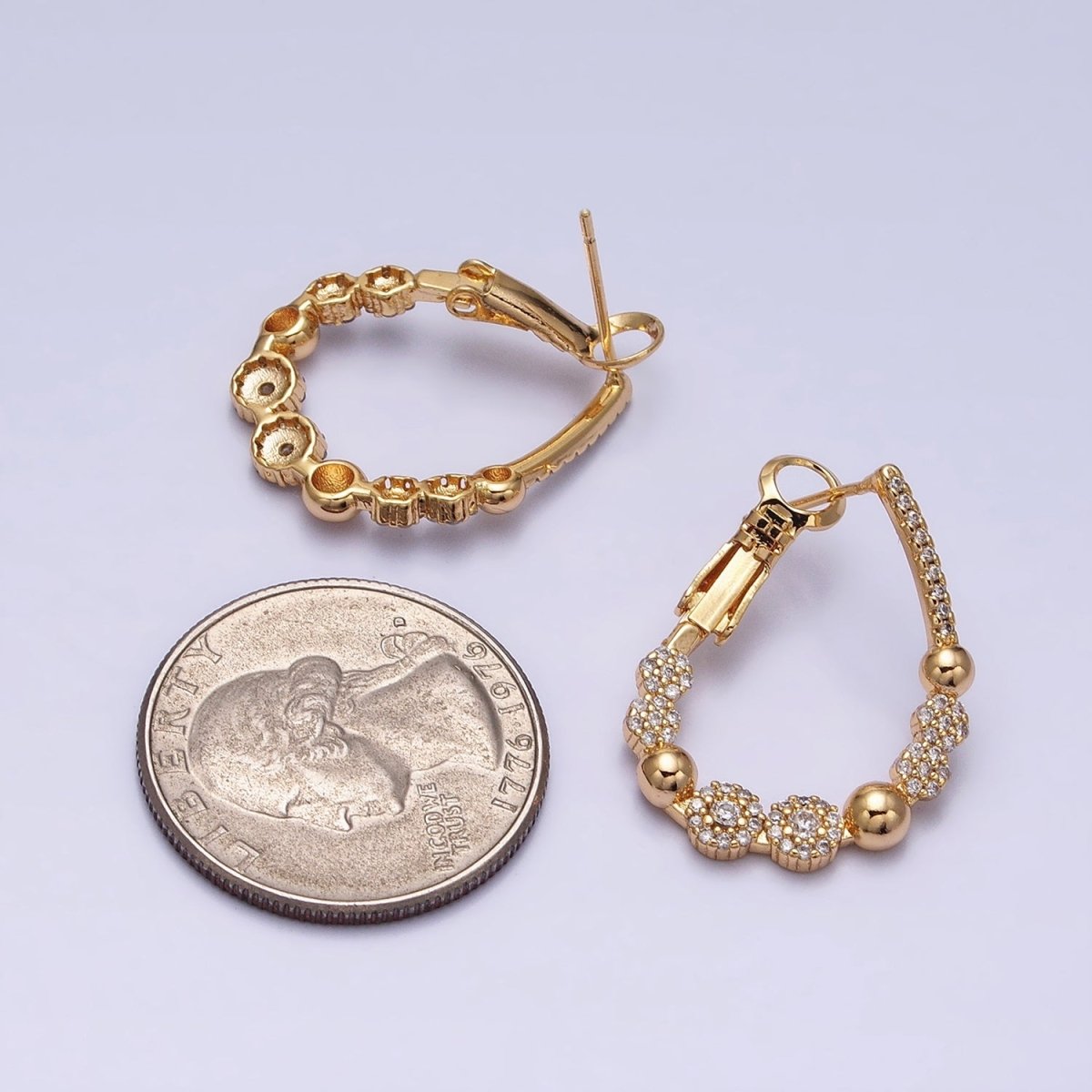 16K Gold Filled Beaded Bubble Rounded Micro Paved CZ Teardrop Front-Facing Hinge Hoop Earrings in Gold & Silver | AD905 AD906 - DLUXCA