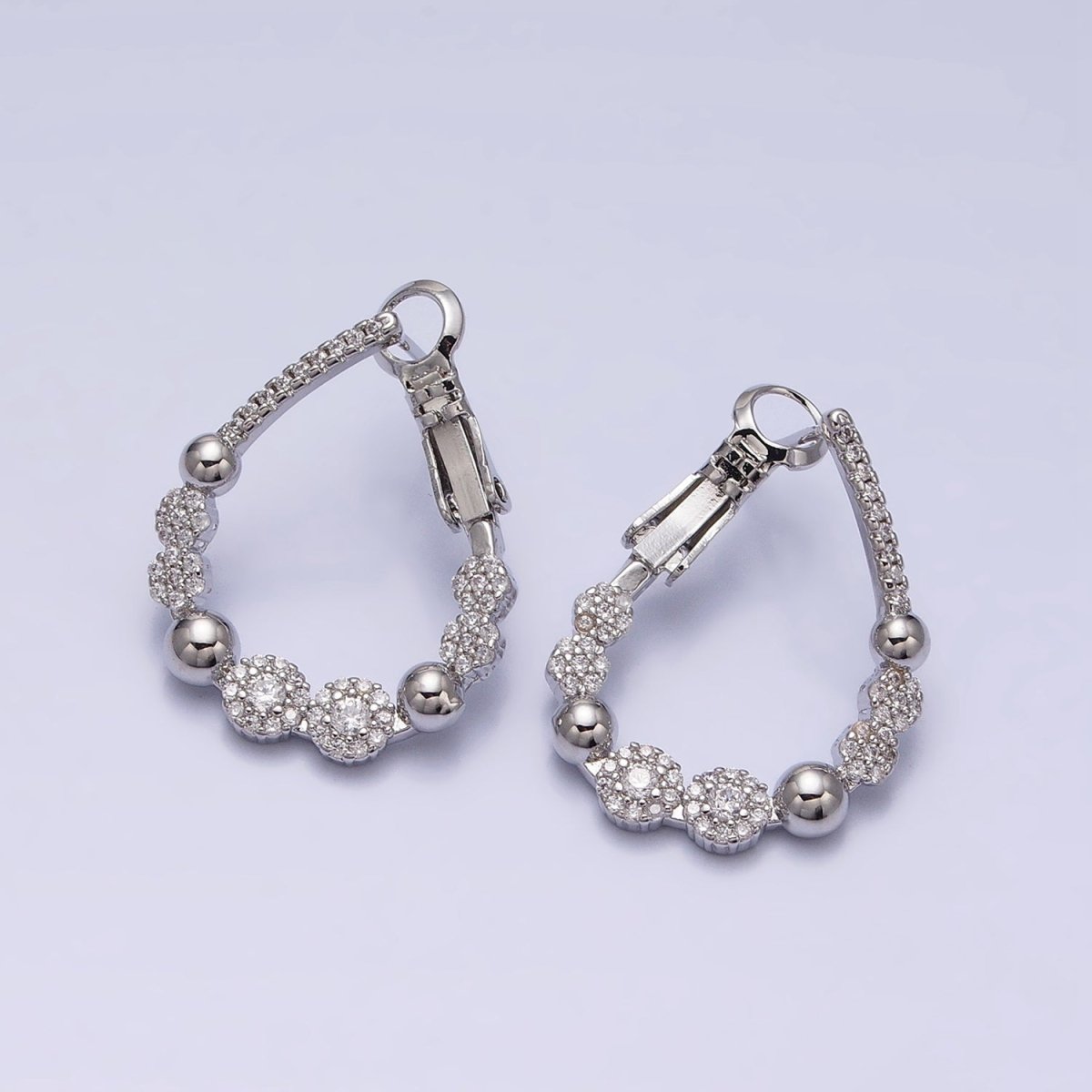 16K Gold Filled Beaded Bubble Rounded Micro Paved CZ Teardrop Front-Facing Hinge Hoop Earrings in Gold & Silver | AD905 AD906 - DLUXCA