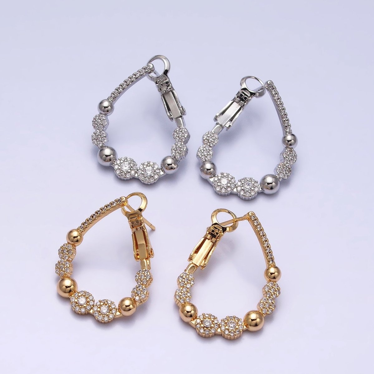 16K Gold Filled Beaded Bubble Rounded Micro Paved CZ Teardrop Front-Facing Hinge Hoop Earrings in Gold & Silver | AD905 AD906 - DLUXCA