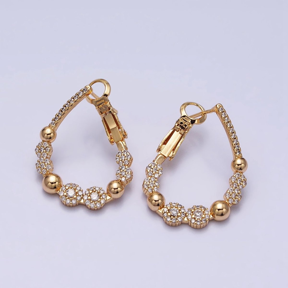 16K Gold Filled Beaded Bubble Rounded Micro Paved CZ Teardrop Front-Facing Hinge Hoop Earrings in Gold & Silver | AD905 AD906 - DLUXCA