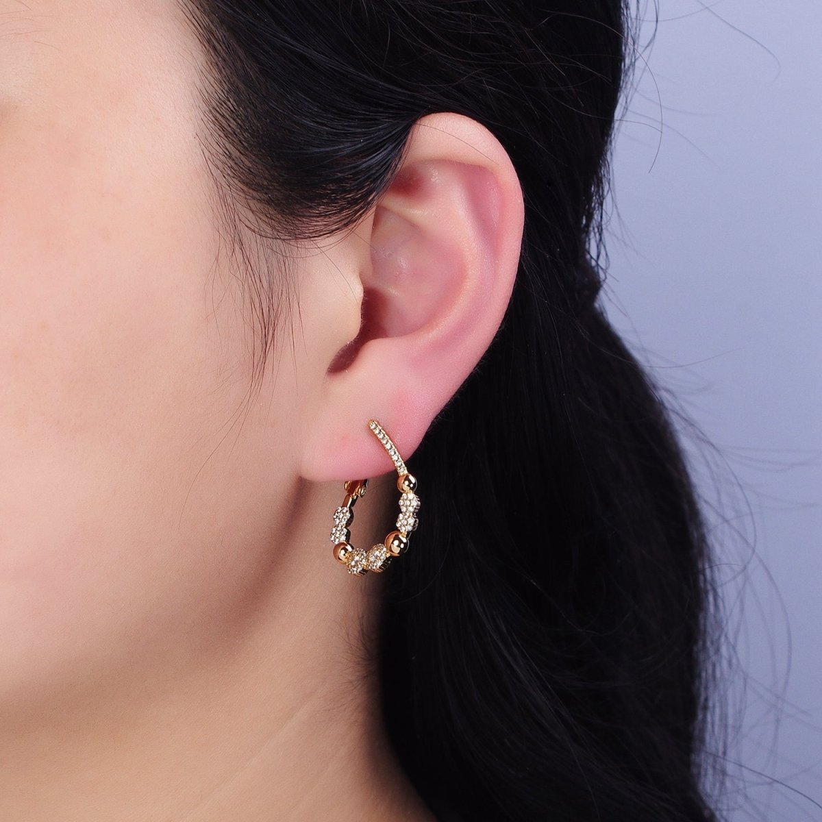 16K Gold Filled Beaded Bubble Rounded Micro Paved CZ Teardrop Front-Facing Hinge Hoop Earrings in Gold & Silver | AD905 AD906 - DLUXCA