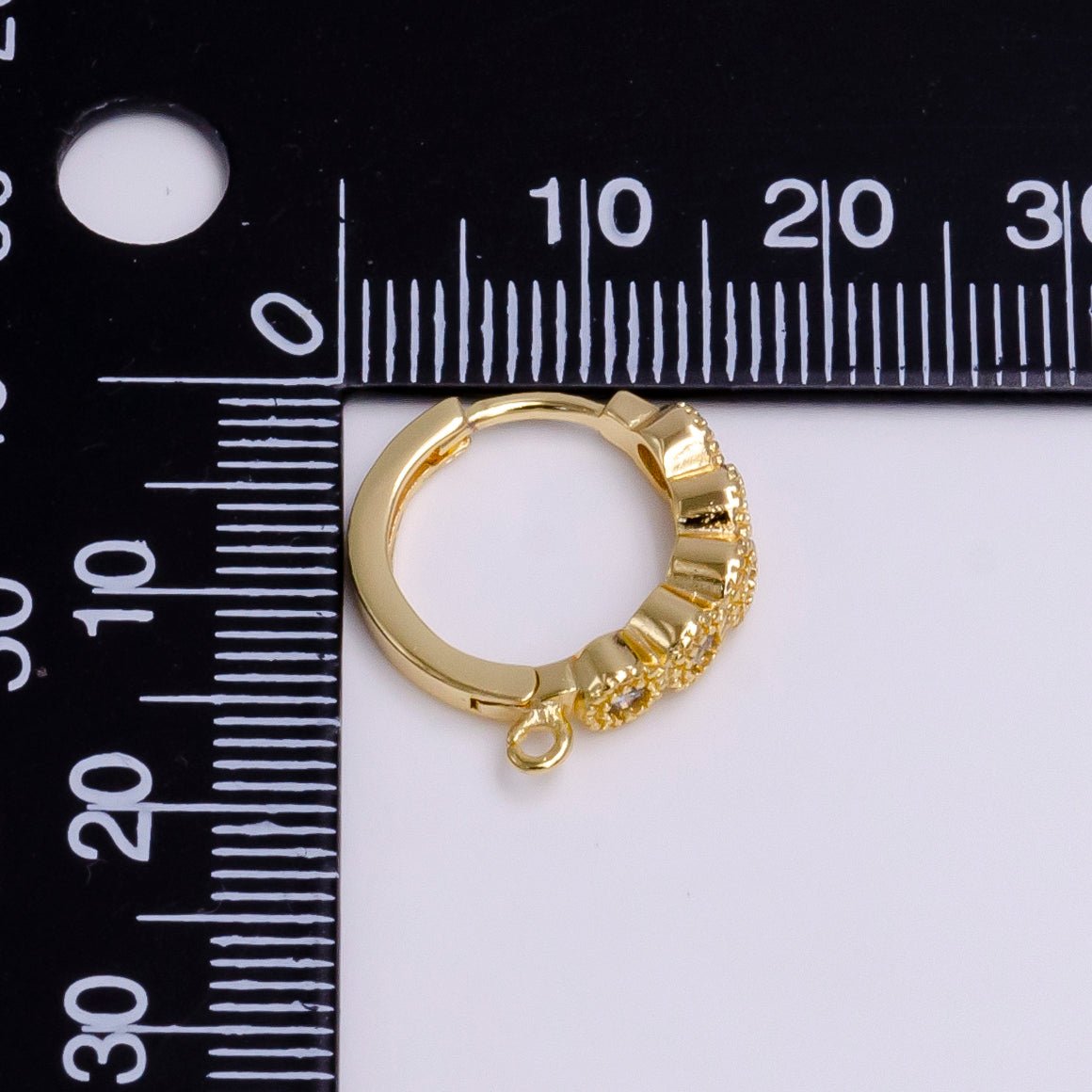 16K Gold Filled Beaded Round Clear CZ Lined 16.5mm Open Loop Huggie Earrings Supply | Z-912 - DLUXCA