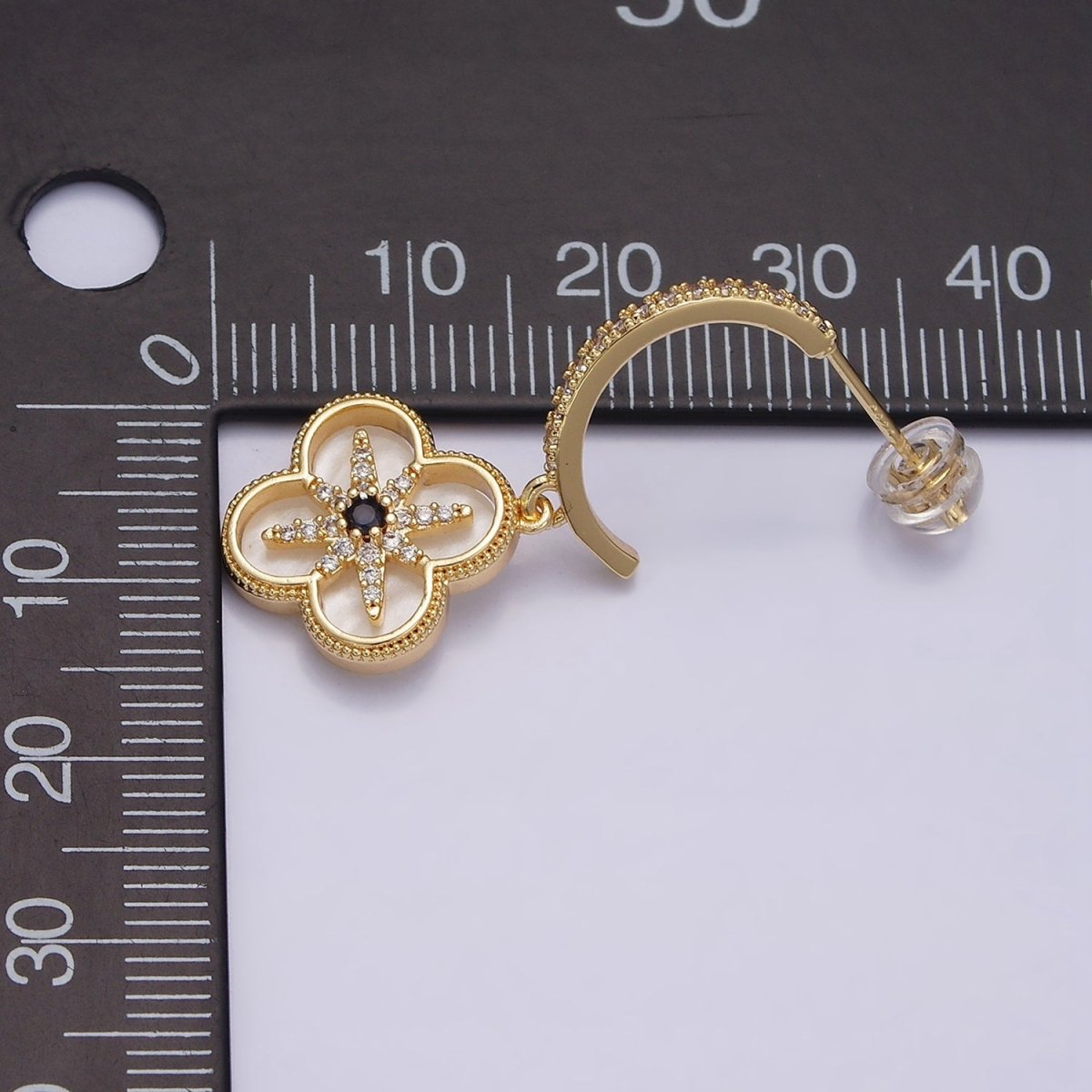 16K Gold Filled Black Celestial North Star Shell Pearl Quatrefoil Drop Micro Paved C-Shaped Hoop Earrings in Gold & Silver | Y809 Y810 - DLUXCA