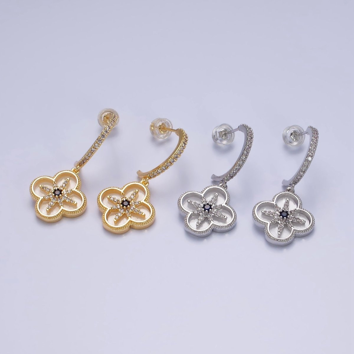 16K Gold Filled Black Celestial North Star Shell Pearl Quatrefoil Drop Micro Paved C-Shaped Hoop Earrings in Gold & Silver | Y809 Y810 - DLUXCA