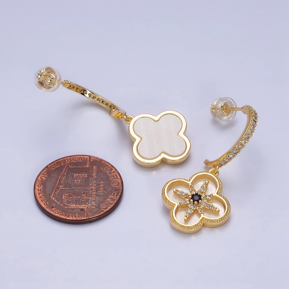 16K Gold Filled Black Celestial North Star Shell Pearl Quatrefoil Drop Micro Paved C-Shaped Hoop Earrings in Gold & Silver | Y809 Y810 - DLUXCA