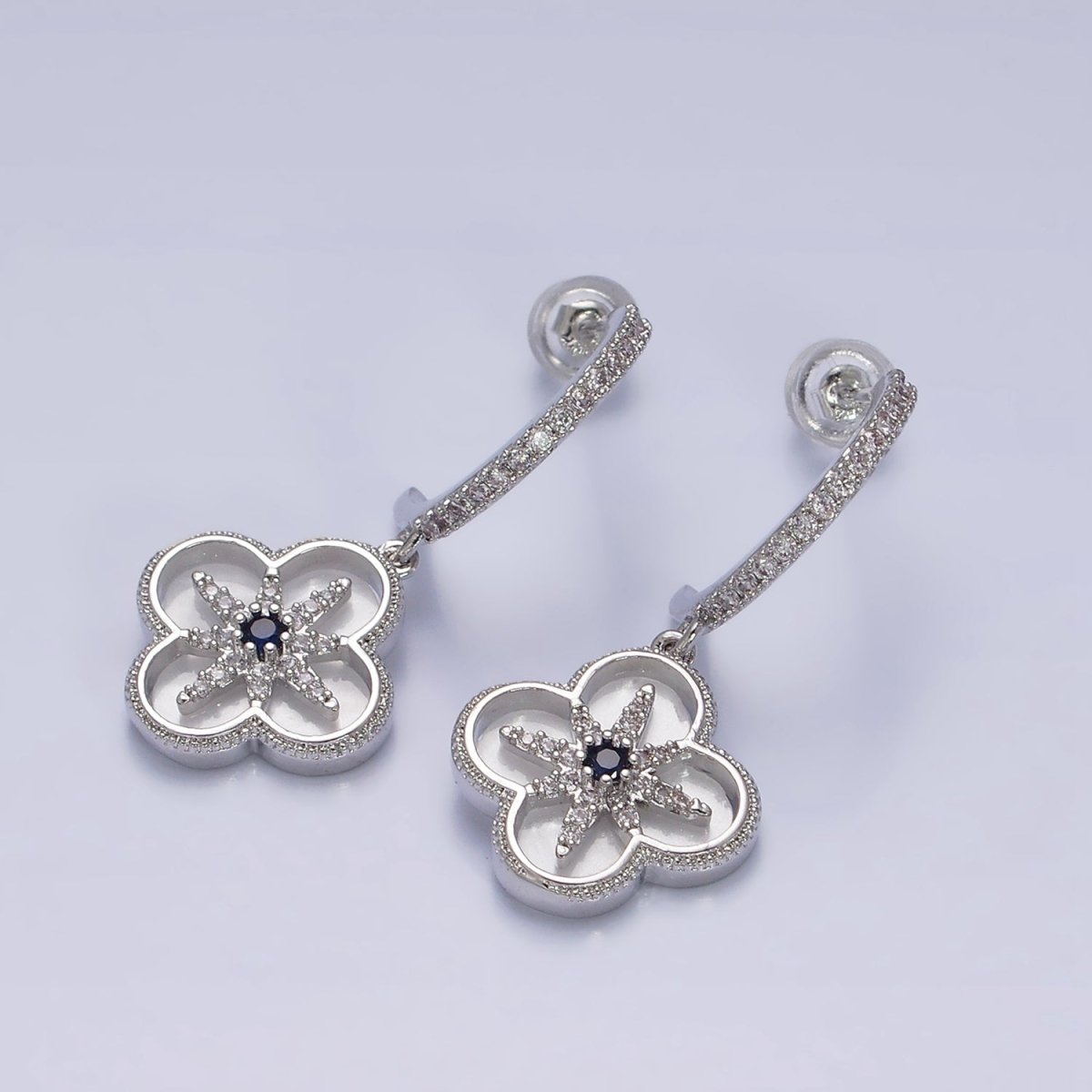 16K Gold Filled Black Celestial North Star Shell Pearl Quatrefoil Drop Micro Paved C-Shaped Hoop Earrings in Gold & Silver | Y809 Y810 - DLUXCA