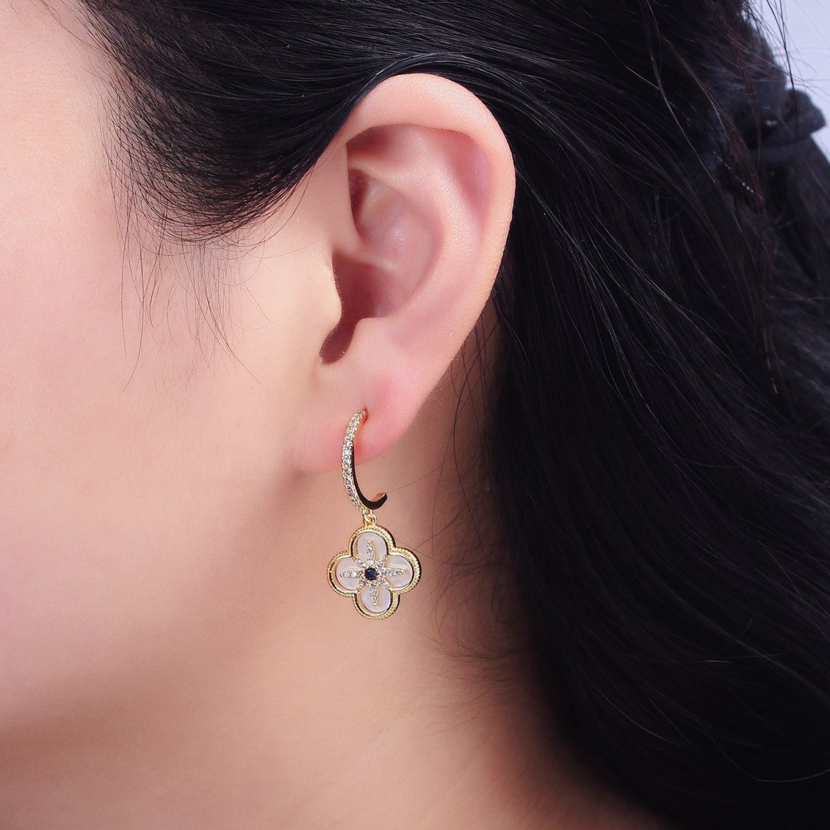 16K Gold Filled Black Celestial North Star Shell Pearl Quatrefoil Drop Micro Paved C-Shaped Hoop Earrings in Gold & Silver | Y809 Y810 - DLUXCA