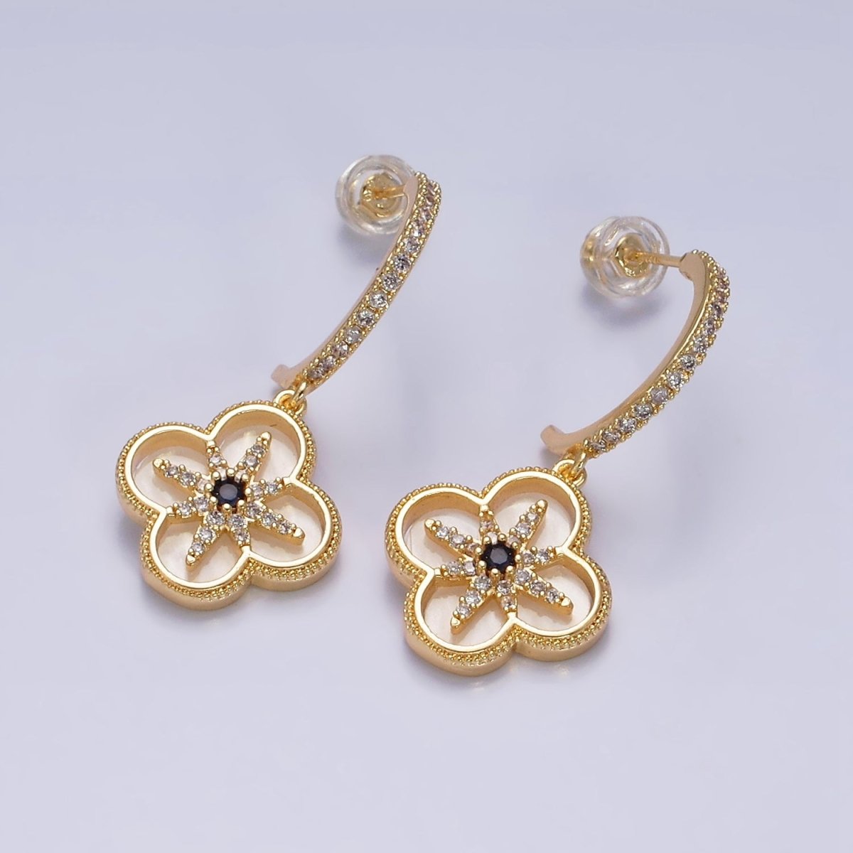 16K Gold Filled Black Celestial North Star Shell Pearl Quatrefoil Drop Micro Paved C-Shaped Hoop Earrings in Gold & Silver | Y809 Y810 - DLUXCA