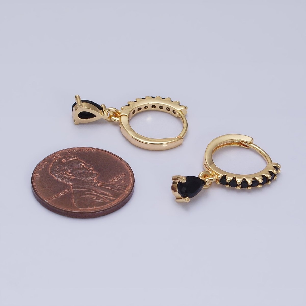 16K Gold Filled Black CZ Teardrop Micro Paved Huggie Earrings in Gold & Silver | AD839 AD840 - DLUXCA