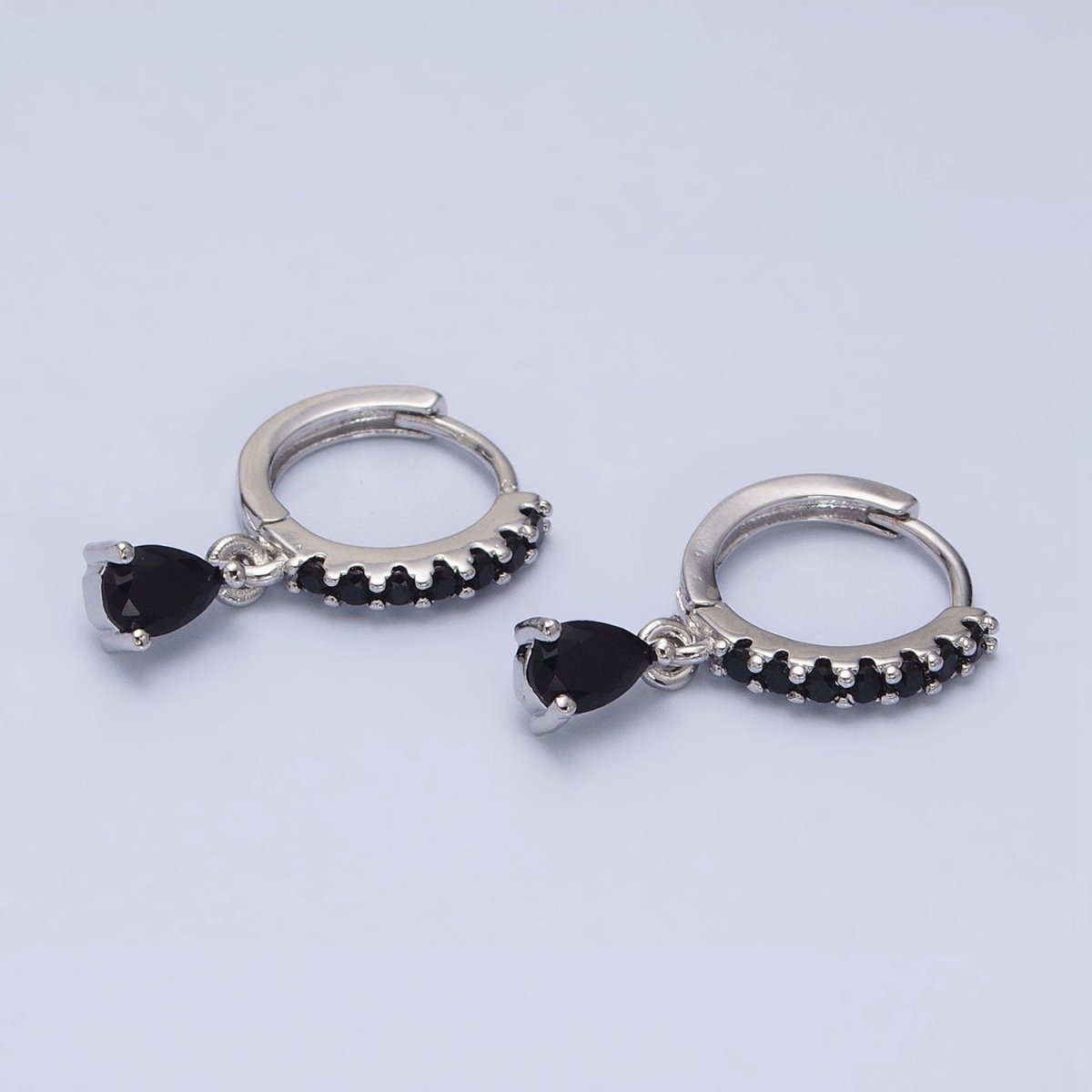 16K Gold Filled Black CZ Teardrop Micro Paved Huggie Earrings in Gold & Silver | AD839 AD840 - DLUXCA