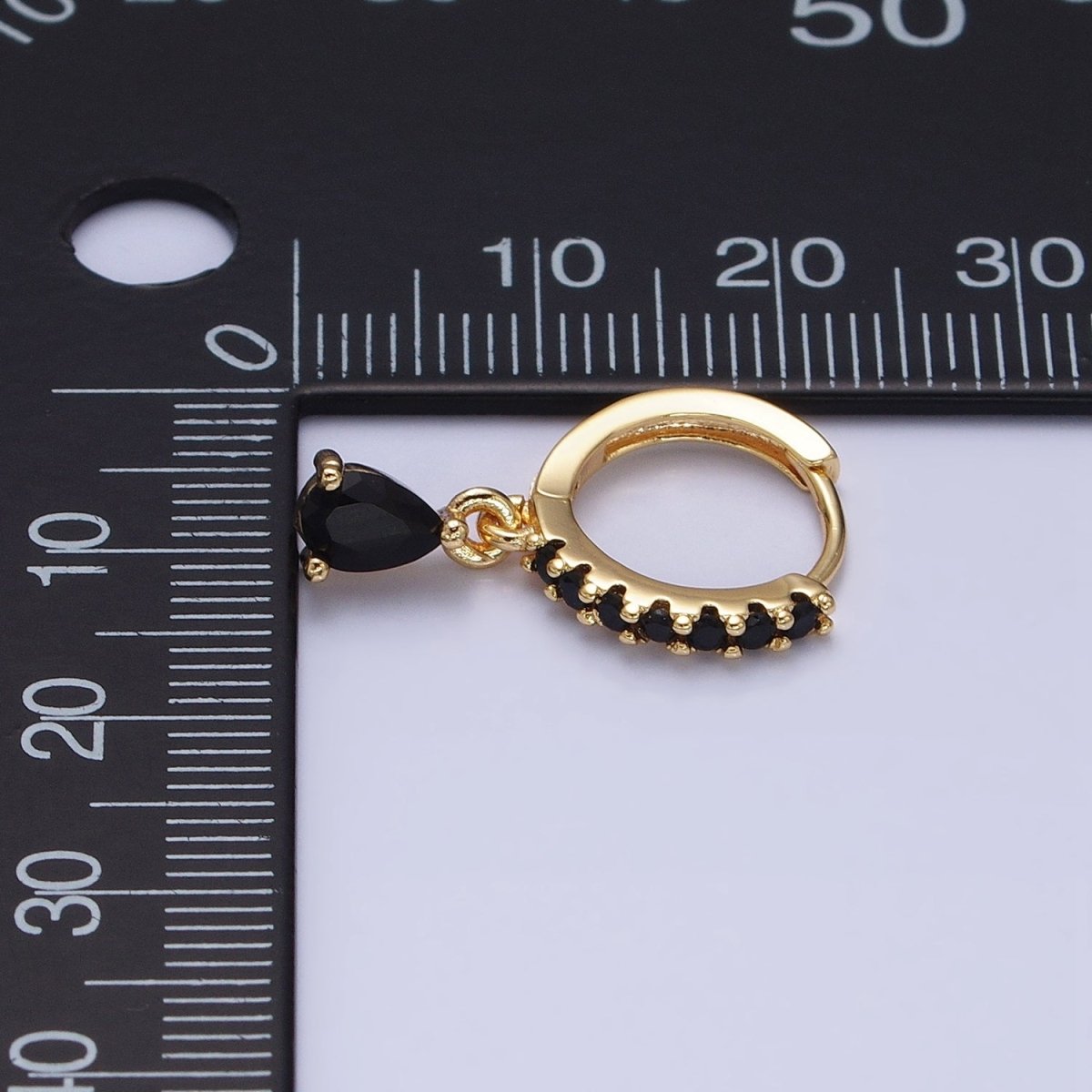 16K Gold Filled Black CZ Teardrop Micro Paved Huggie Earrings in Gold & Silver | AD839 AD840 - DLUXCA