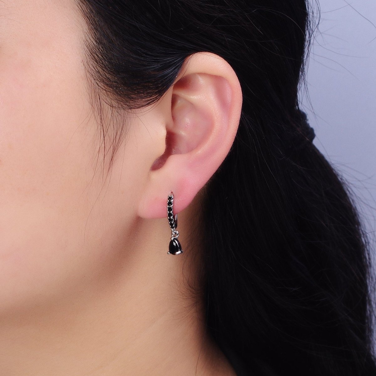 16K Gold Filled Black CZ Teardrop Micro Paved Huggie Earrings in Gold & Silver | AD839 AD840 - DLUXCA