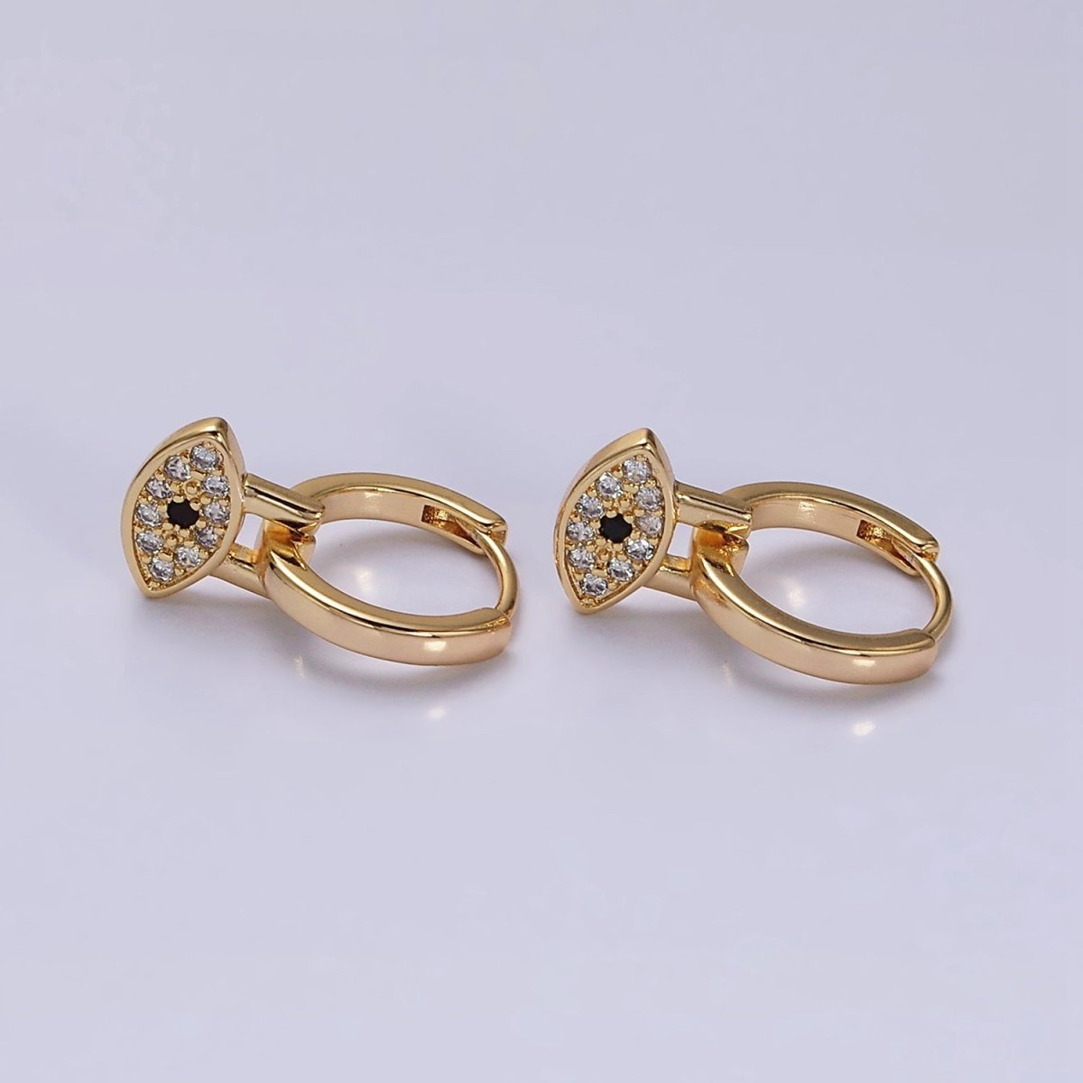 16K Gold Filled Black Evil Eye Micro Paved Drop Huggie Earrings in Gold & Silver | AD1265 AD1266 - DLUXCA