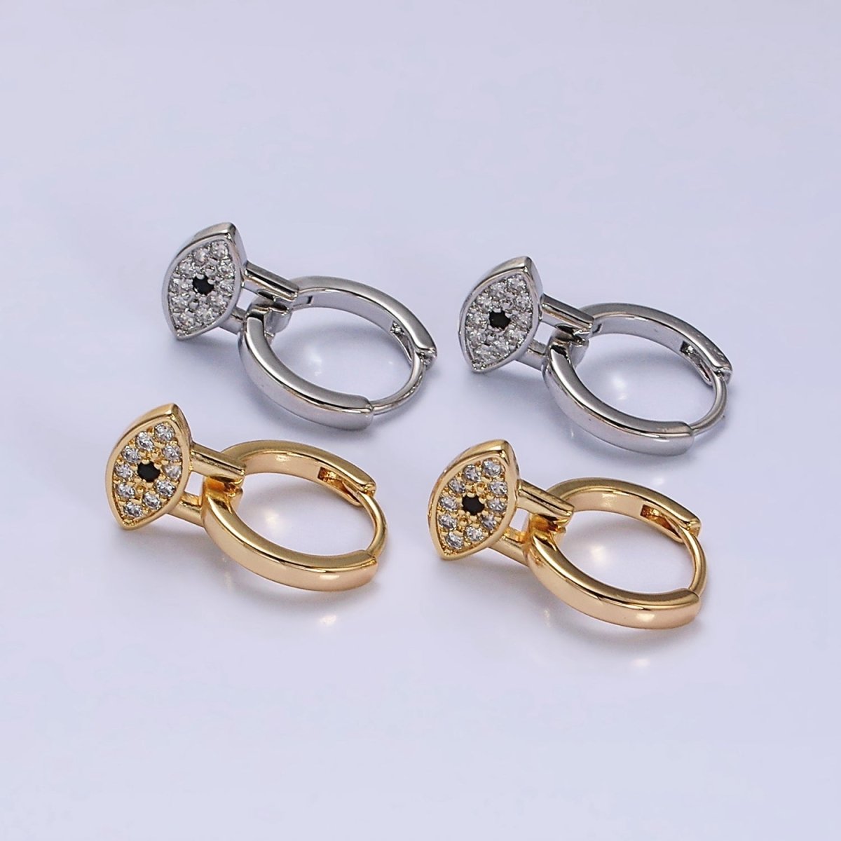 16K Gold Filled Black Evil Eye Micro Paved Drop Huggie Earrings in Gold & Silver | AD1265 AD1266 - DLUXCA