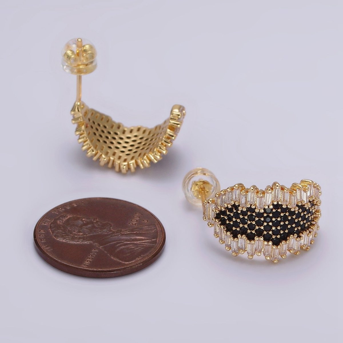 16K Gold Filled Black Micro Paved CZ Baguette Abstract C-Shaped Hoop Earrings | AE351 - DLUXCA