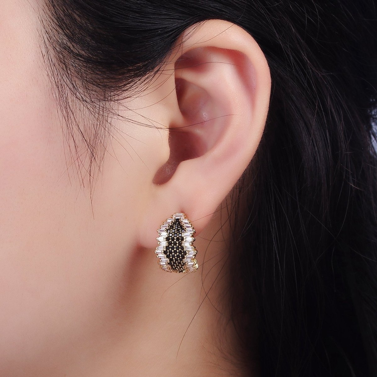 16K Gold Filled Black Micro Paved CZ Baguette Abstract C-Shaped Hoop Earrings | AE351 - DLUXCA