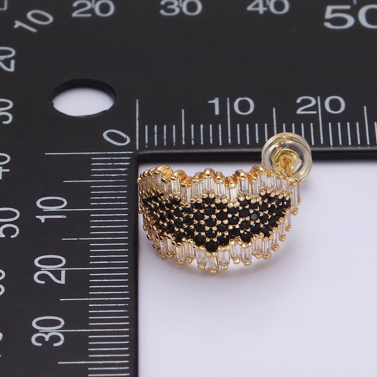 16K Gold Filled Black Micro Paved CZ Baguette Abstract C-Shaped Hoop Earrings | AE351 - DLUXCA