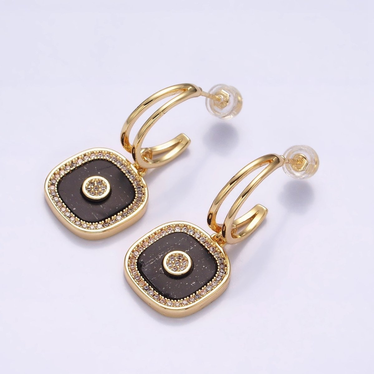 16K Gold Filled Black Square Micro Paved CZ Drop Double Band Hoop Earrings in Gold & Silver | Y-797 Y-798 - DLUXCA