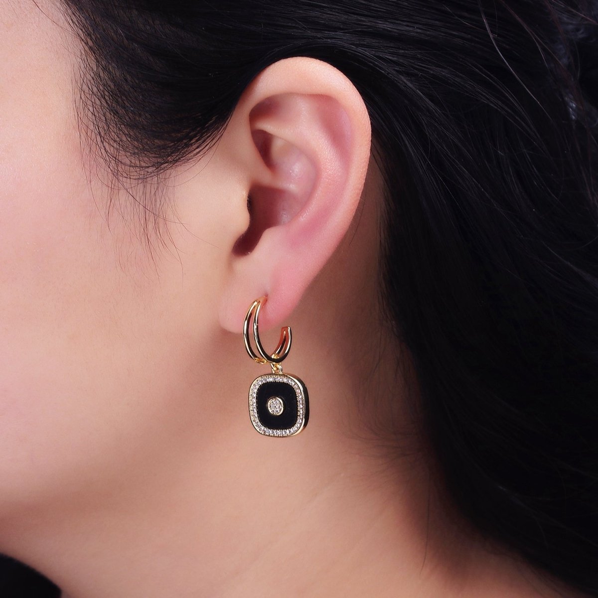 16K Gold Filled Black Square Micro Paved CZ Drop Double Band Hoop Earrings in Gold & Silver | Y-797 Y-798 - DLUXCA