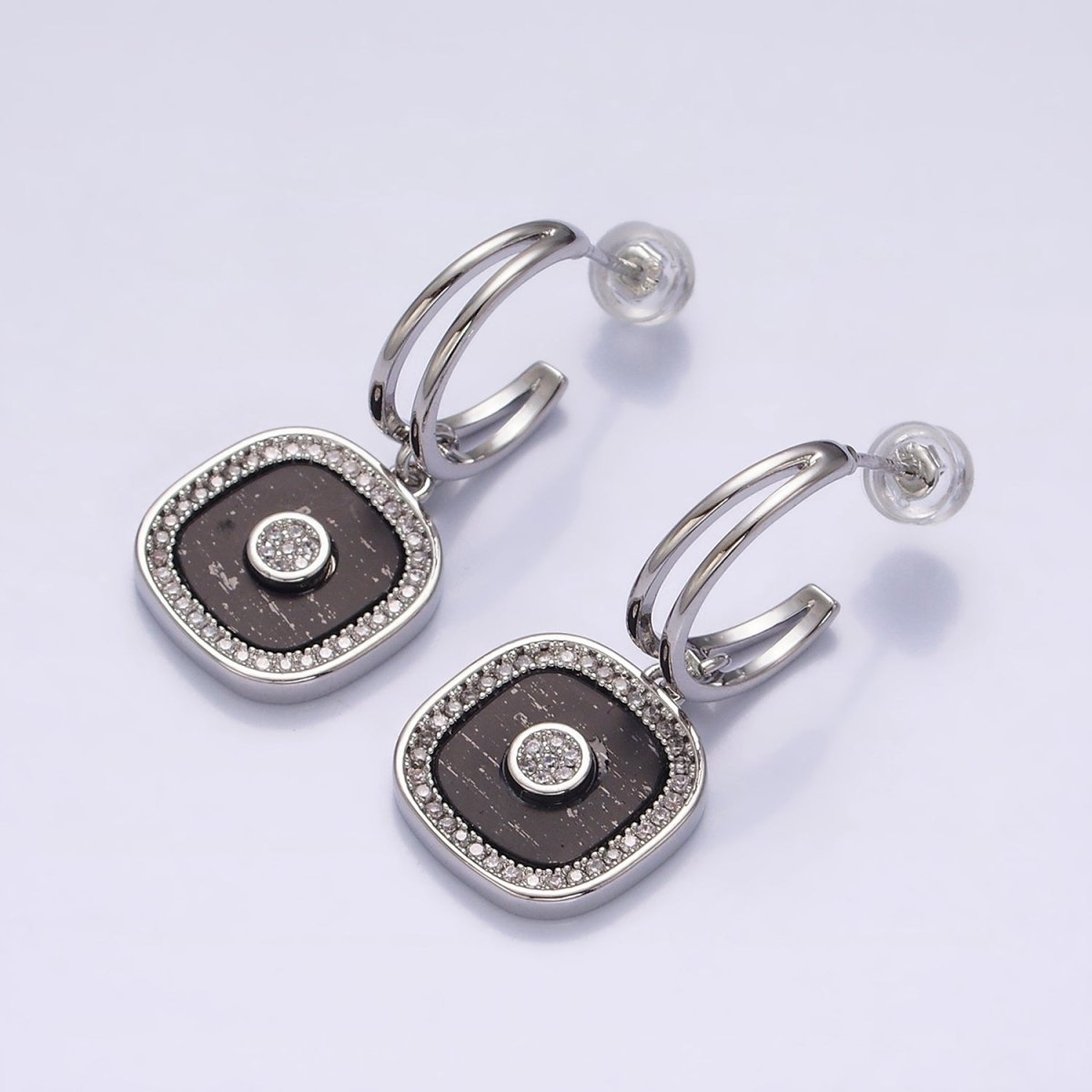 16K Gold Filled Black Square Micro Paved CZ Drop Double Band Hoop Earrings in Gold & Silver | Y-797 Y-798 - DLUXCA