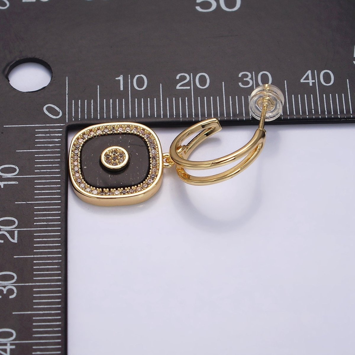 16K Gold Filled Black Square Micro Paved CZ Drop Double Band Hoop Earrings in Gold & Silver | Y-797 Y-798 - DLUXCA