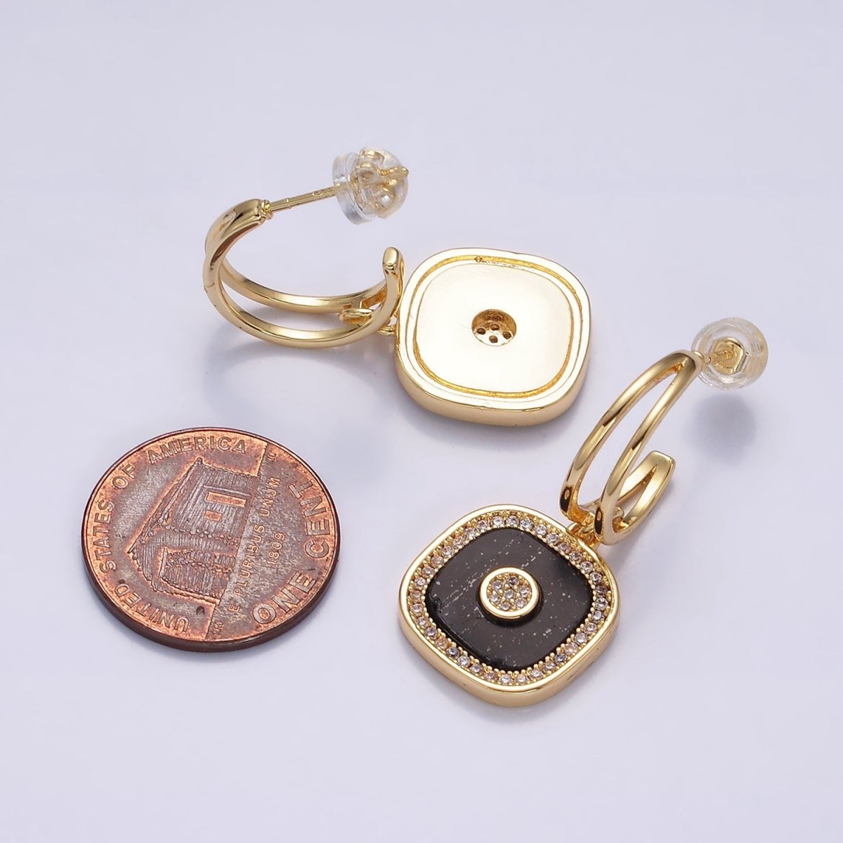 16K Gold Filled Black Square Micro Paved CZ Drop Double Band Hoop Earrings in Gold & Silver | Y-797 Y-798 - DLUXCA