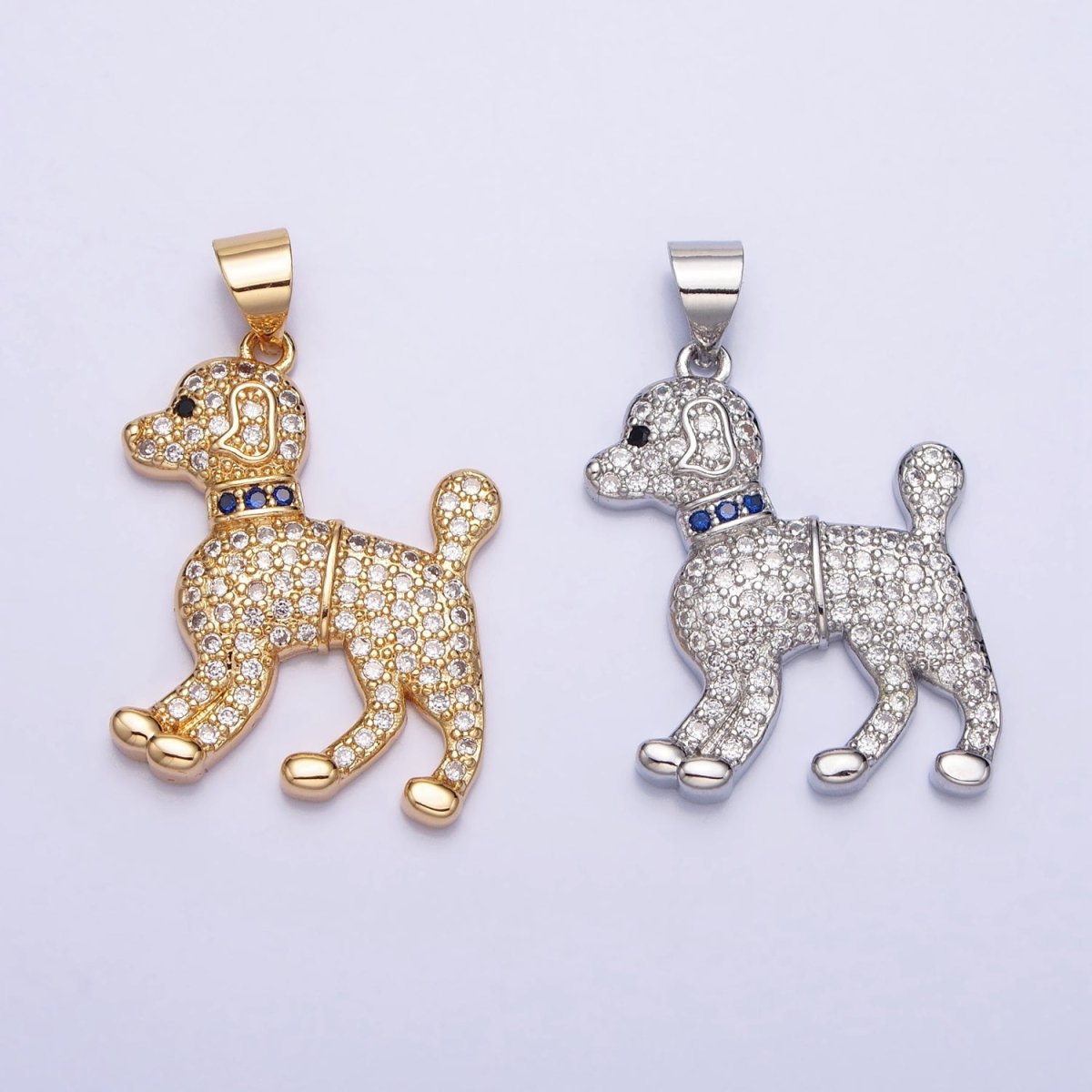 16K Gold Filled Blue-Collared Micro Paved CZ Dog Pet Animal Pendant in Gold & Silver | AA388 AA389 - DLUXCA