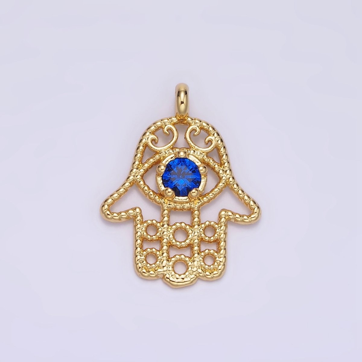 16K Gold Filled Blue CZ Elaborate Twisted Open Hamsa Hand Pendant | N1522 - DLUXCA