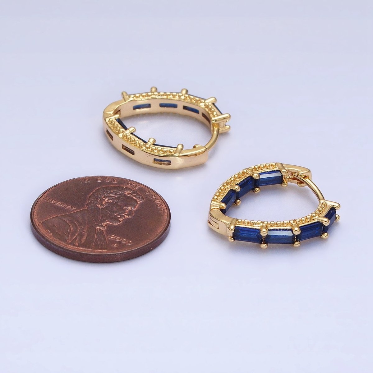 16K Gold Filled Blue, Green Baguette CZ Front-Sided Triangle Hoop Earrings in Gold & Silver | AD1108 - AD1111 - DLUXCA