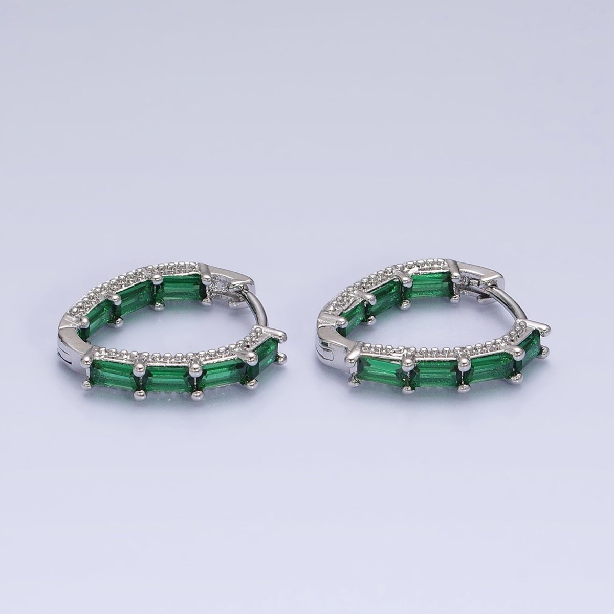 16K Gold Filled Blue, Green Baguette CZ Front-Sided Triangle Hoop Earrings in Gold & Silver | AD1108 - AD1111 - DLUXCA