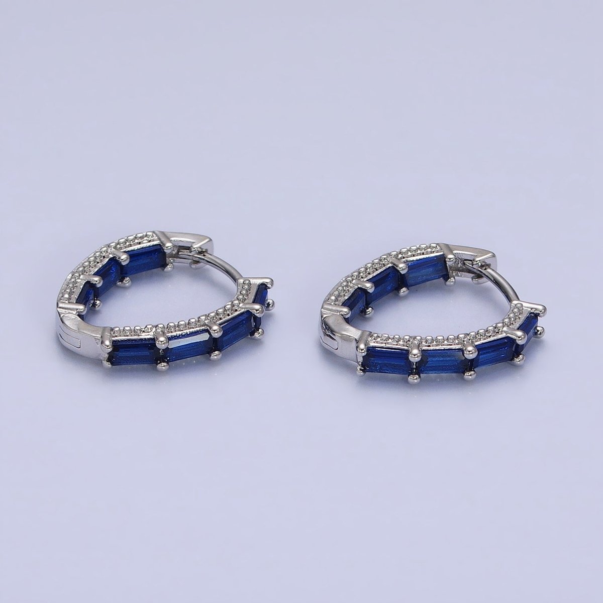 16K Gold Filled Blue, Green Baguette CZ Front-Sided Triangle Hoop Earrings in Gold & Silver | AD1108 - AD1111 - DLUXCA