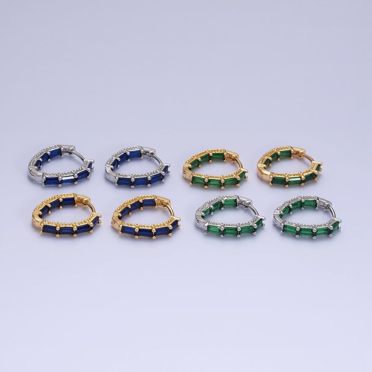 16K Gold Filled Blue, Green Baguette CZ Front-Sided Triangle Hoop Earrings in Gold & Silver | AD1108 - AD1111 - DLUXCA