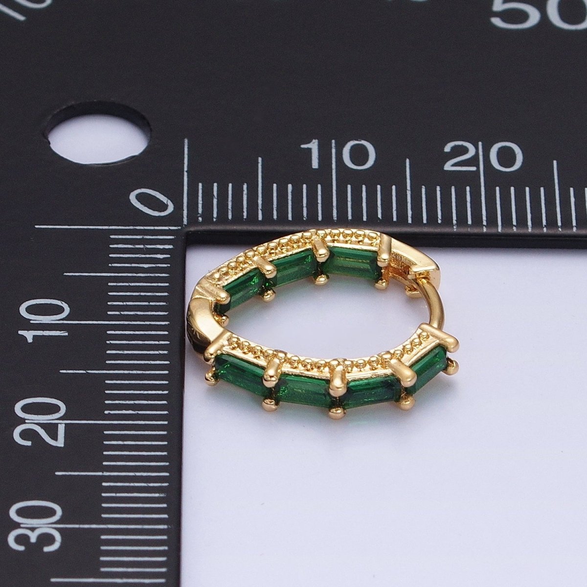 16K Gold Filled Blue, Green Baguette CZ Front-Sided Triangle Hoop Earrings in Gold & Silver | AD1108 - AD1111 - DLUXCA