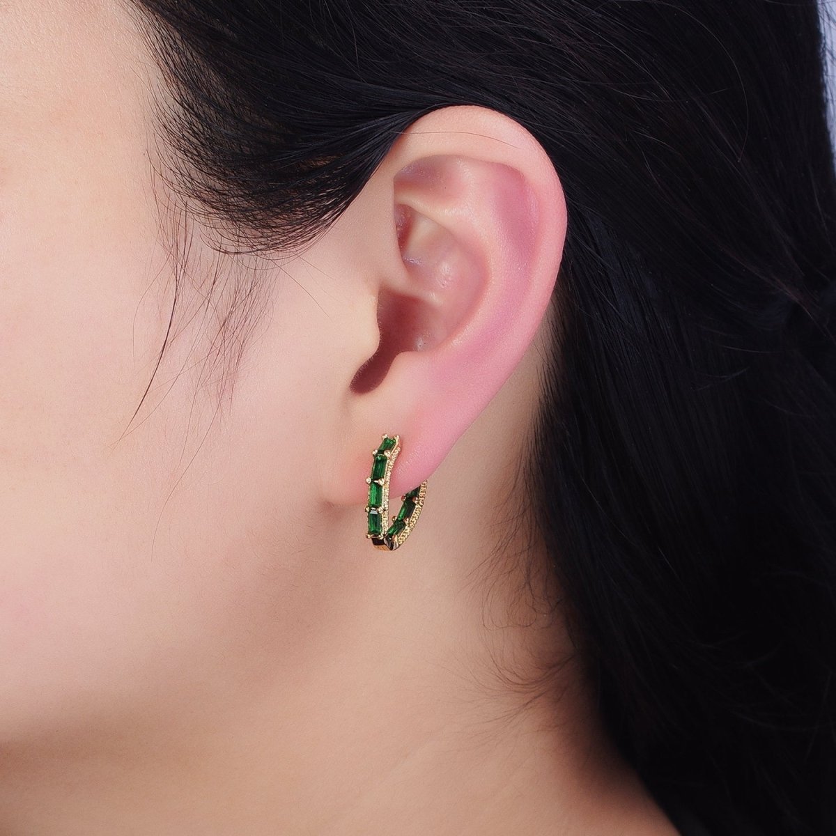 16K Gold Filled Blue, Green Baguette CZ Front-Sided Triangle Hoop Earrings in Gold & Silver | AD1108 - AD1111 - DLUXCA